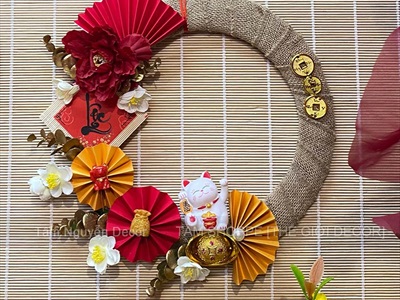 Vòng treo cửa Tết vải bố quạt xếp Mèo Thần Tài [2 Kiểu] ĐK 35cm VTC-T-48